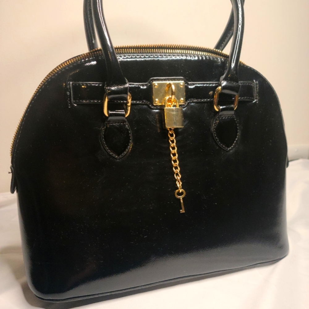 Aldo Black Patent Dome Satchel with Gold Hardware